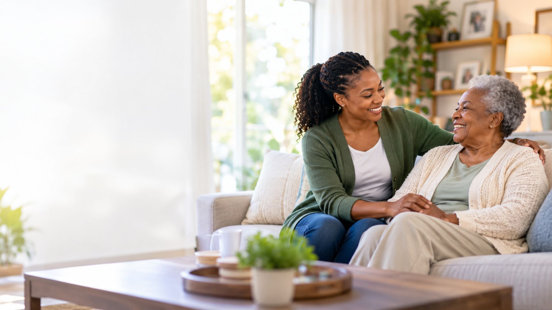 A caregiver assisting an adult with mobility inside the home