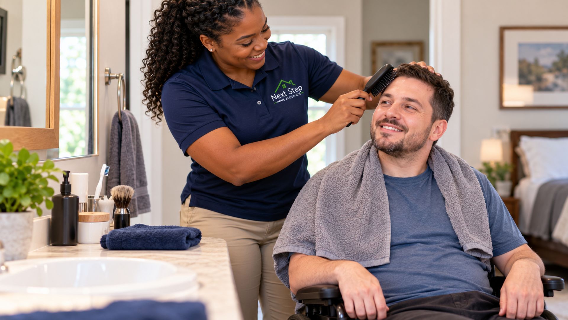 Elderly couple at home with caregiver support