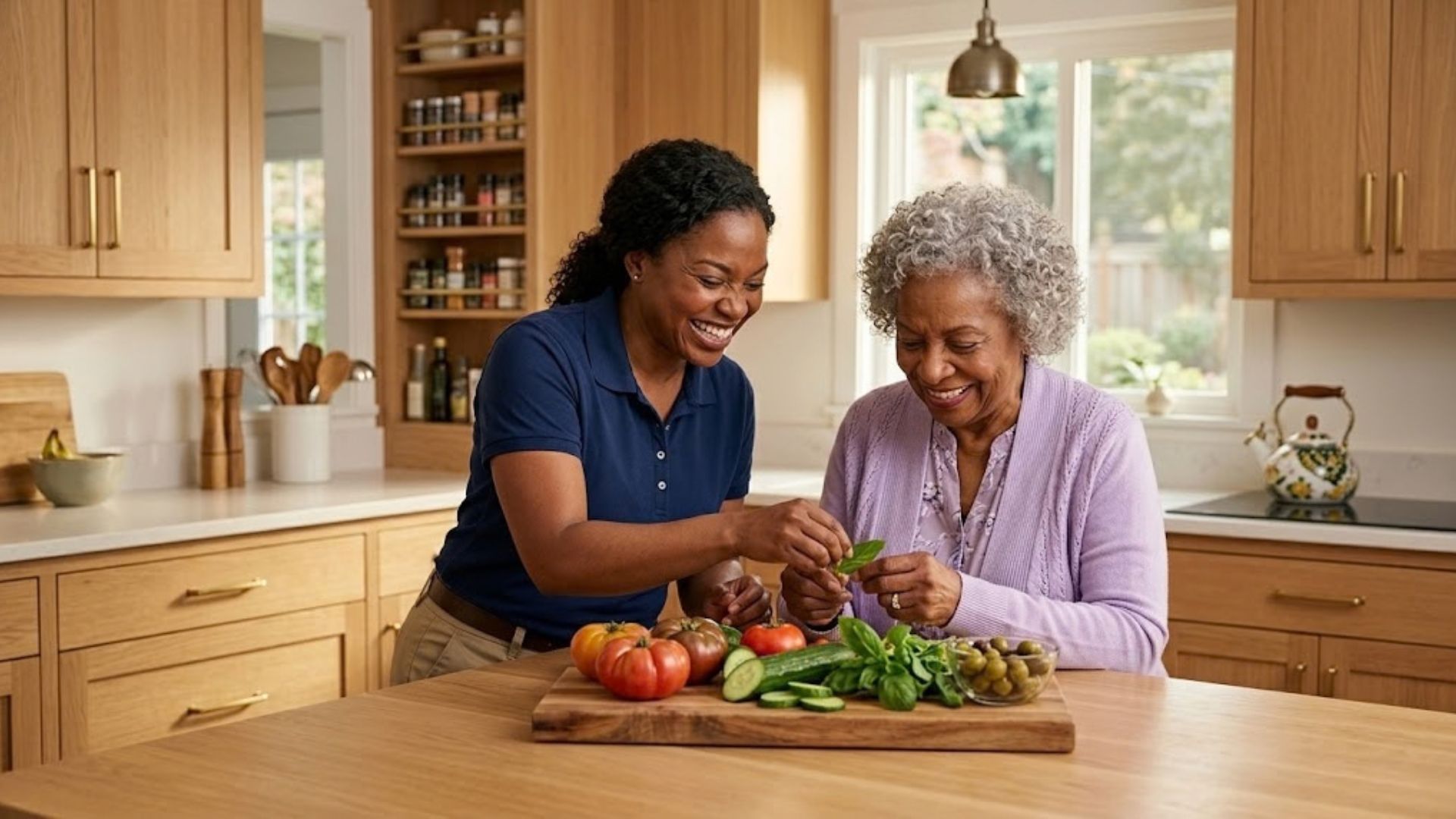 A caregiver helping an older adult with a daily routine in a bright living room