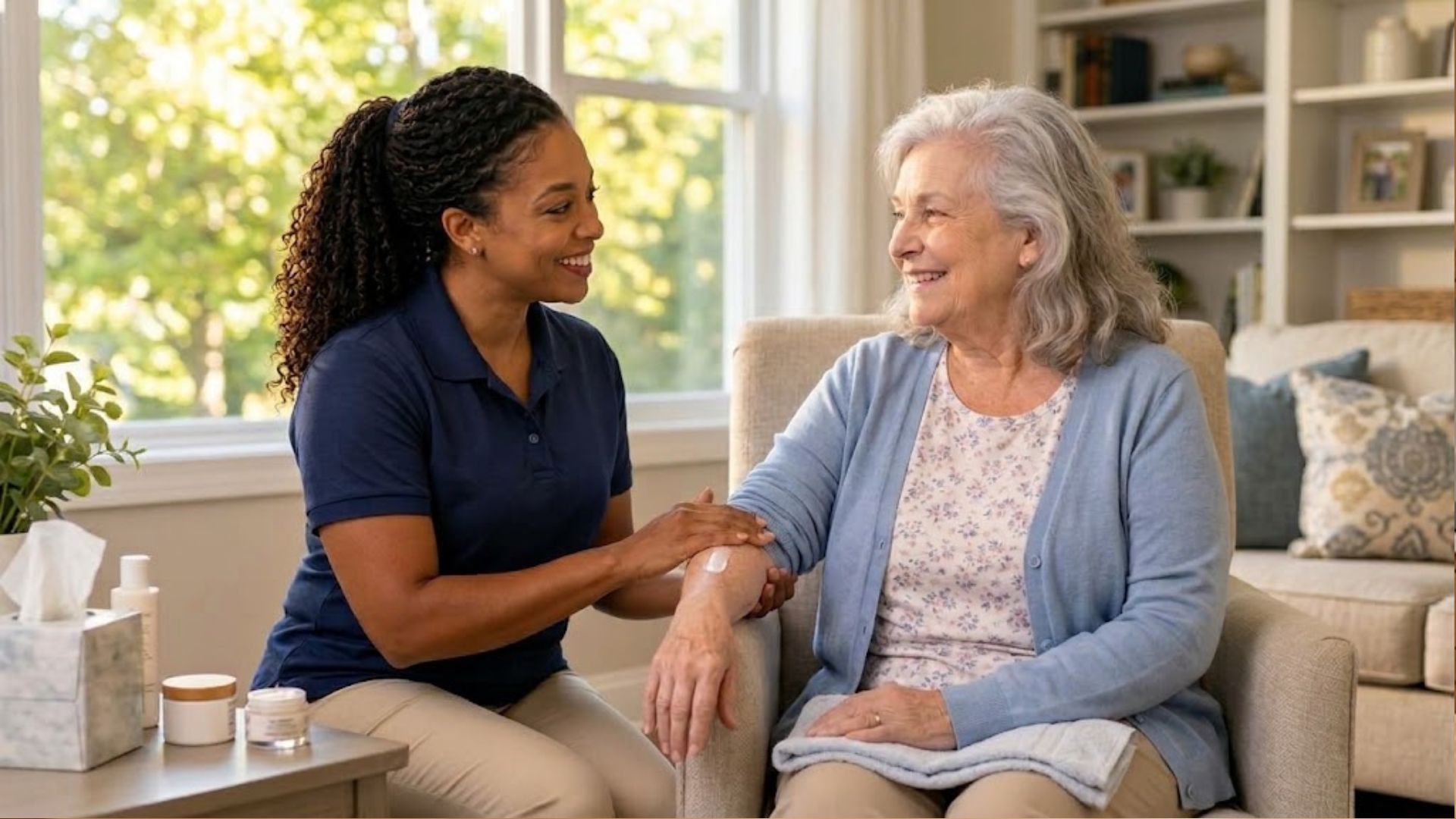 An adult child and a parent smiling together at home