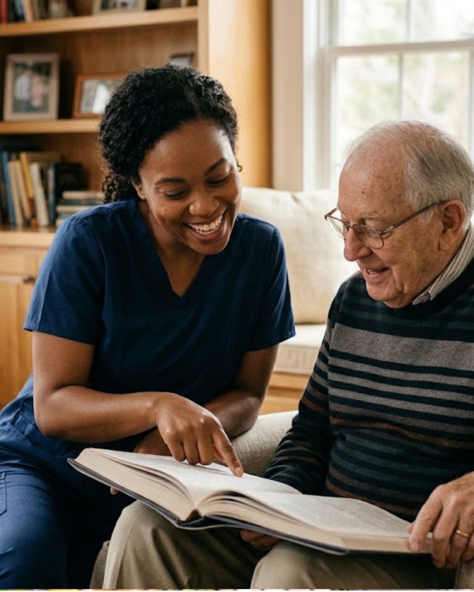Compassionate caregiver providing daily routine support for an older adult at home