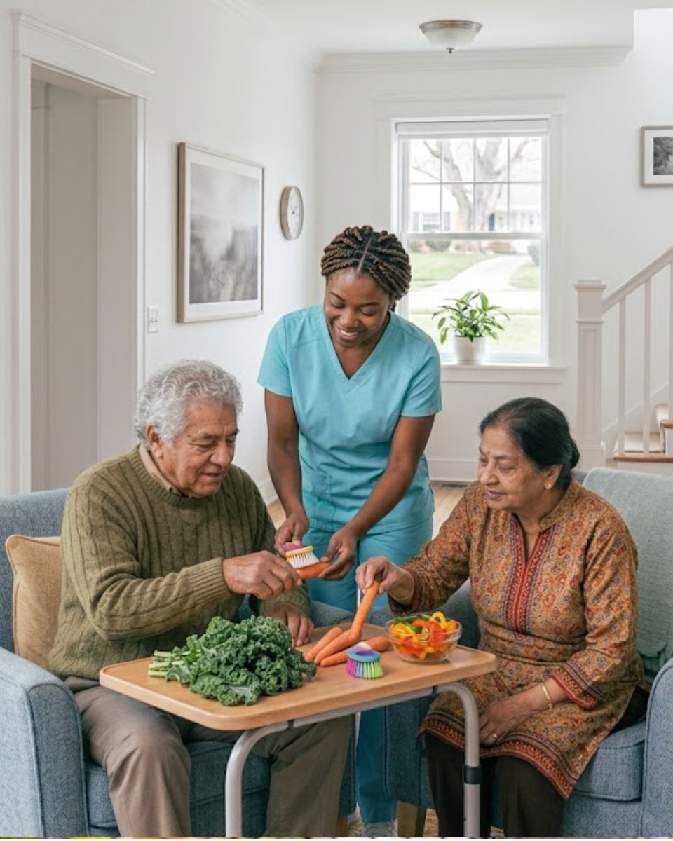 Compassionate home caregiver assisting a client in Michigan