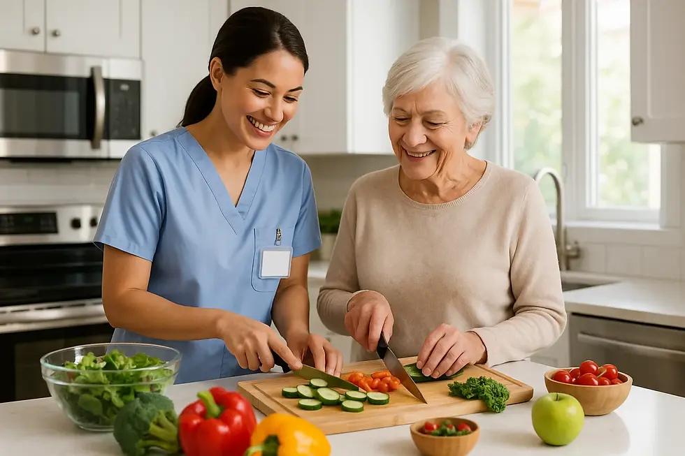 Caregiver preparing meals in a home kitchen