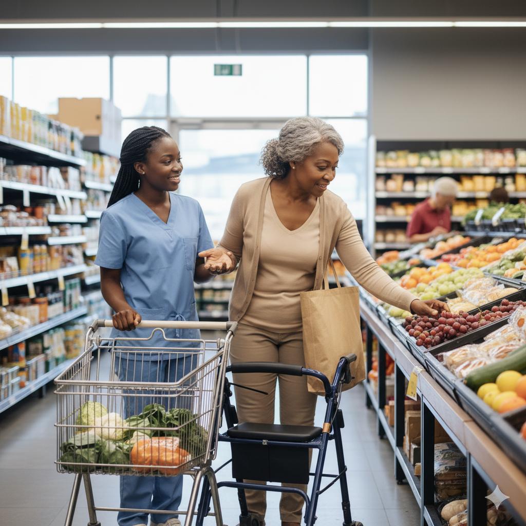 Caregiver shopping for food and essentials